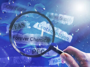 Magnifier over several strip of paper with PFAS terminology on it.